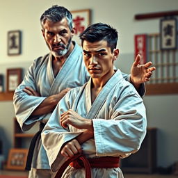 A medicated karateka dressed in a traditional gi, showcasing a conflicted expression as he stands in a dojo