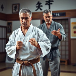 A medicated karateka dressed in a traditional gi, showcasing a conflicted expression as he stands in a dojo