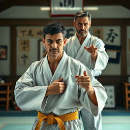 A medicated karateka dressed in a traditional gi, showcasing a conflicted expression as he stands in a dojo