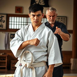 A medicated karateka dressed in a traditional gi, showcasing a conflicted expression as he stands in a dojo