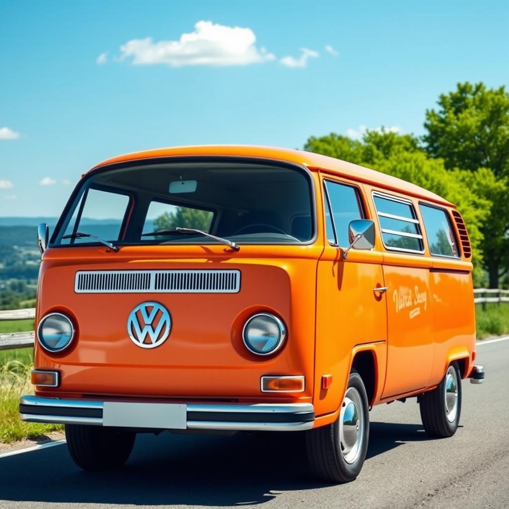 A Volkswagen Transporter T2 van painted in a vibrant orange color, featuring pearl white windows