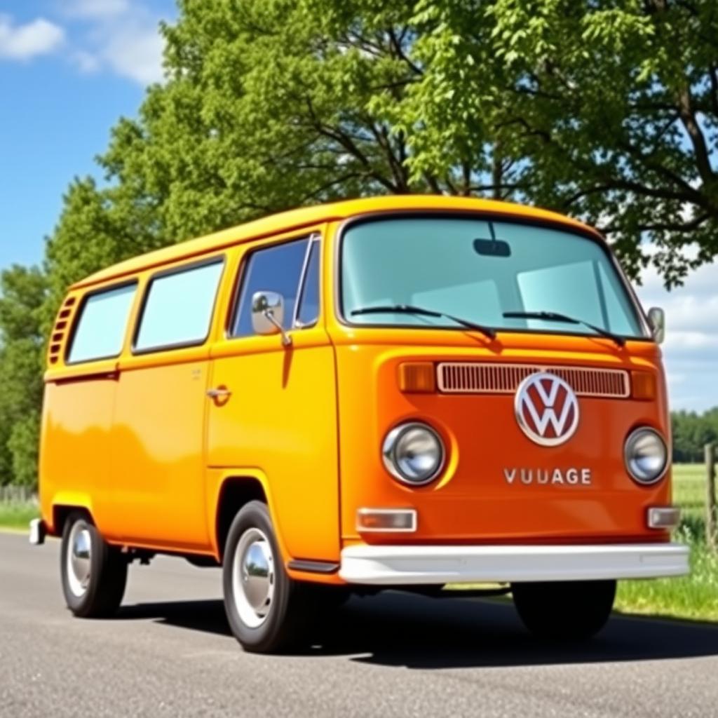 A Volkswagen Transporter T2 van painted in a vibrant orange color, featuring pearl white windows