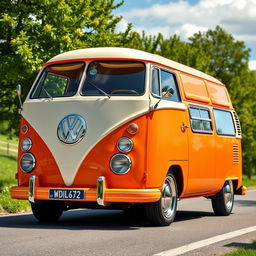 A Volkswagen Transporter T2 van painted in a vibrant orange color, featuring pearl white windows