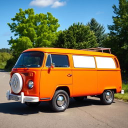 A Volkswagen Transporter T2 van painted in a vibrant orange color, featuring pearl white windows