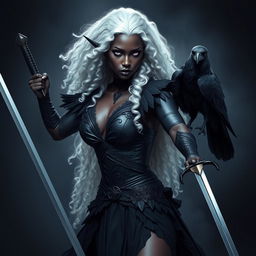 A beautiful dark-skinned dark elf with long, curly white hair and stunning violet eyes, resembling a fierce warrior