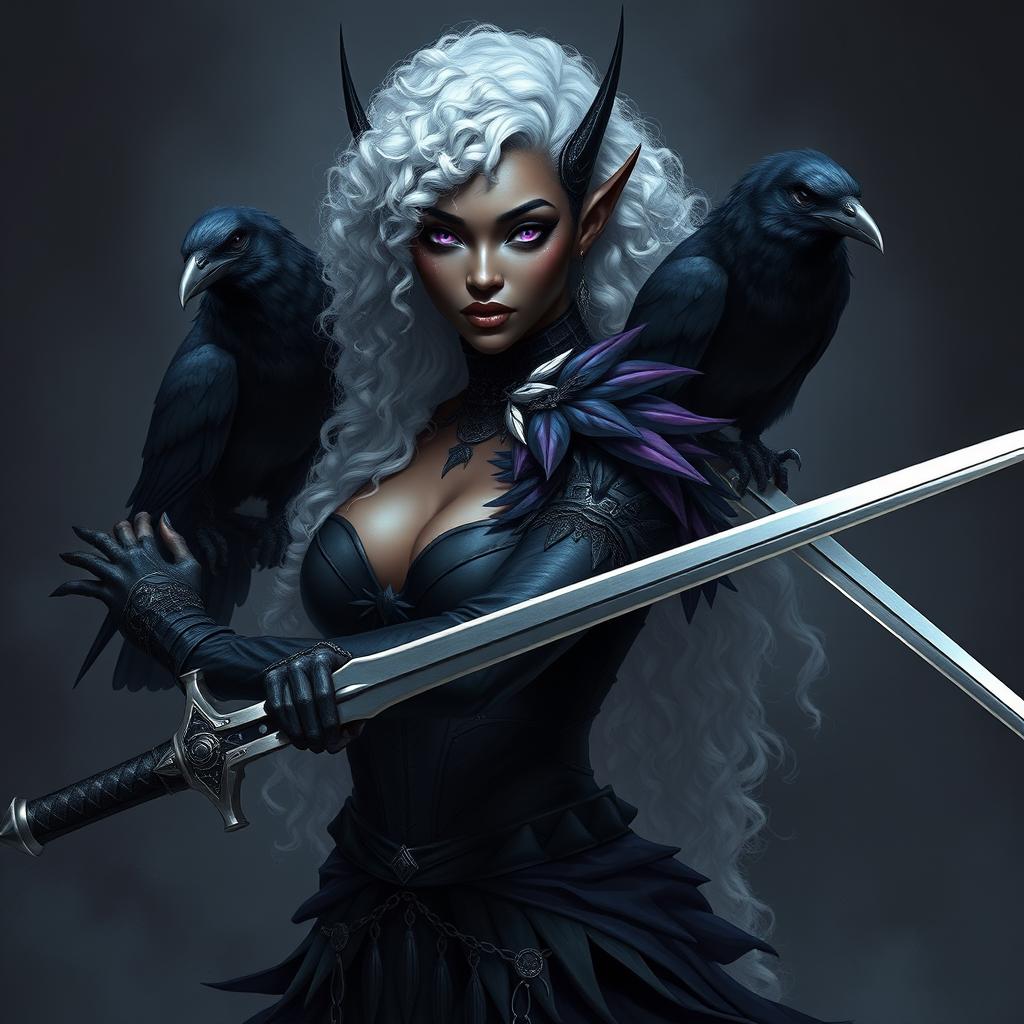 A beautiful dark-skinned dark elf with long, curly white hair and stunning violet eyes, resembling a fierce warrior