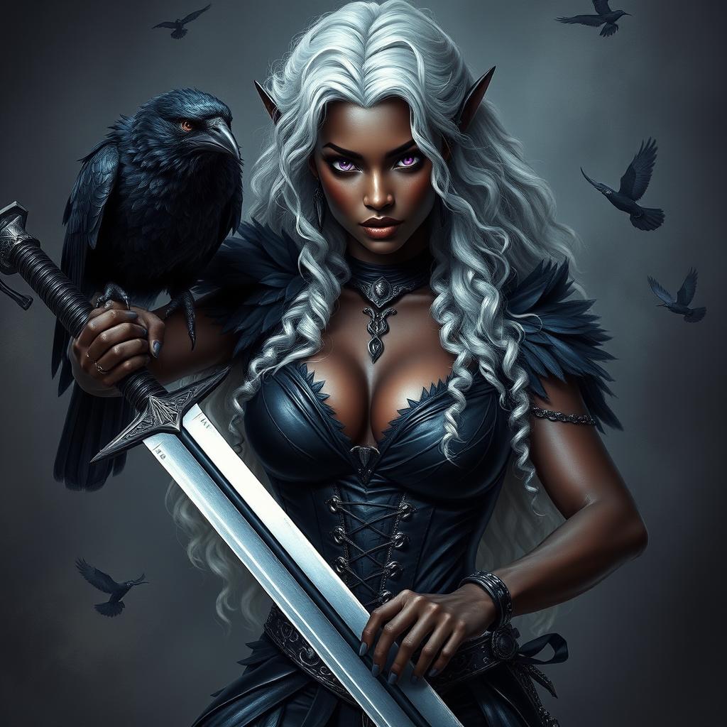 A beautiful dark-skinned dark elf with long, curly white hair and stunning violet eyes, resembling a fierce warrior