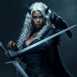 A beautiful dark-skinned dark elf with long, curly white hair and stunning violet eyes, resembling a fierce warrior