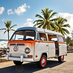 A vintage Volkswagen T2 Combi, beautifully designed with a two-tone color scheme of crisp white and bright orange