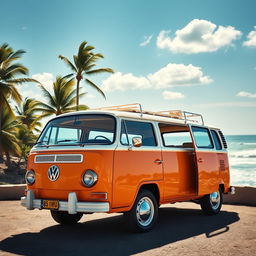 A vintage Volkswagen T2 Combi, beautifully designed with a two-tone color scheme of crisp white and bright orange