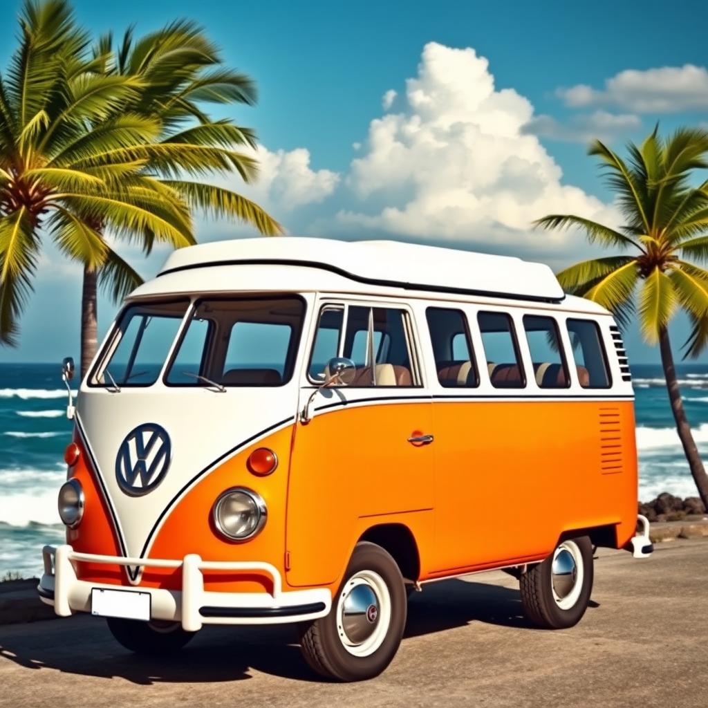 A vintage Volkswagen T2 Combi, beautifully designed with a two-tone color scheme of crisp white and bright orange