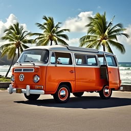 A vintage Volkswagen T2 Combi, beautifully designed with a two-tone color scheme of crisp white and bright orange