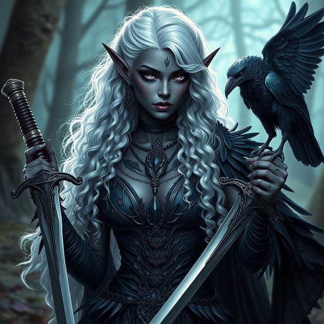 A stunning dark elf with skin that is a grayish black color and mesmerizing violet eyes