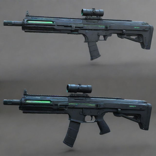 An advanced, stylish sci-fi rifle with luminous details and cutting-edge design