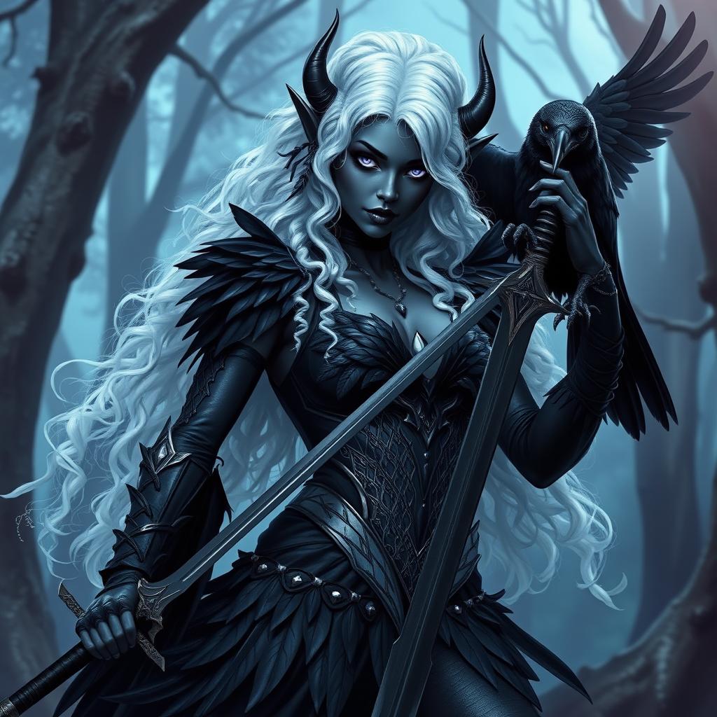 A stunning dark elf with skin that is a grayish black color and mesmerizing violet eyes