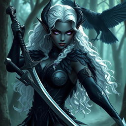 A stunning dark elf with skin that is a grayish black color and mesmerizing violet eyes