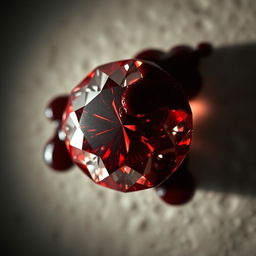 A stunning red diamond viewed from above, glistening as it is partially covered in a viscous, dark red blood stain that enhances its brilliance and contrasts with the sparkling facets of the gem