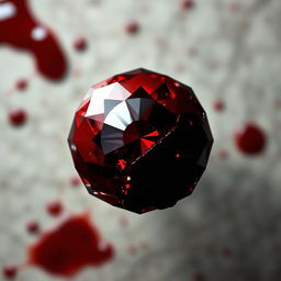 A stunning red diamond viewed from above, glistening as it is partially covered in a viscous, dark red blood stain that enhances its brilliance and contrasts with the sparkling facets of the gem