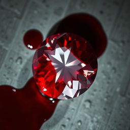 A stunning red diamond viewed from above, glistening as it is partially covered in a viscous, dark red blood stain that enhances its brilliance and contrasts with the sparkling facets of the gem