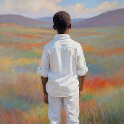 Illustration of an African American boy wearing white clothes, drawn in the style of Claude Monet. We see the boy from his back, standing amidst an impressionistic landscape full of vibrant, dabbed colors, creating a serene and contemplative atmosphere.