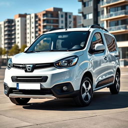 A sleek and modern white Dacia Dokker displayed in an urban environment