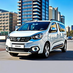 A sleek and modern white Dacia Dokker displayed in an urban environment