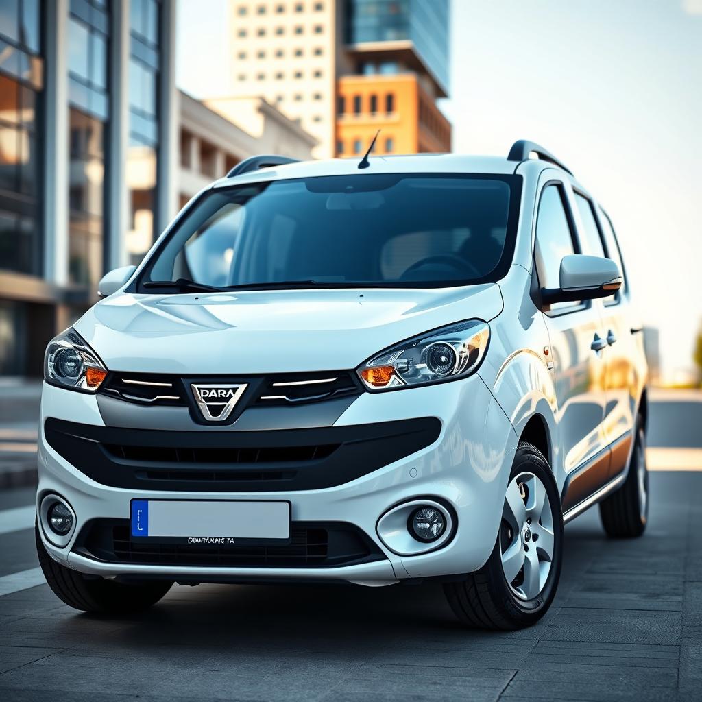 A sleek and modern white Dacia Dokker displayed in an urban environment