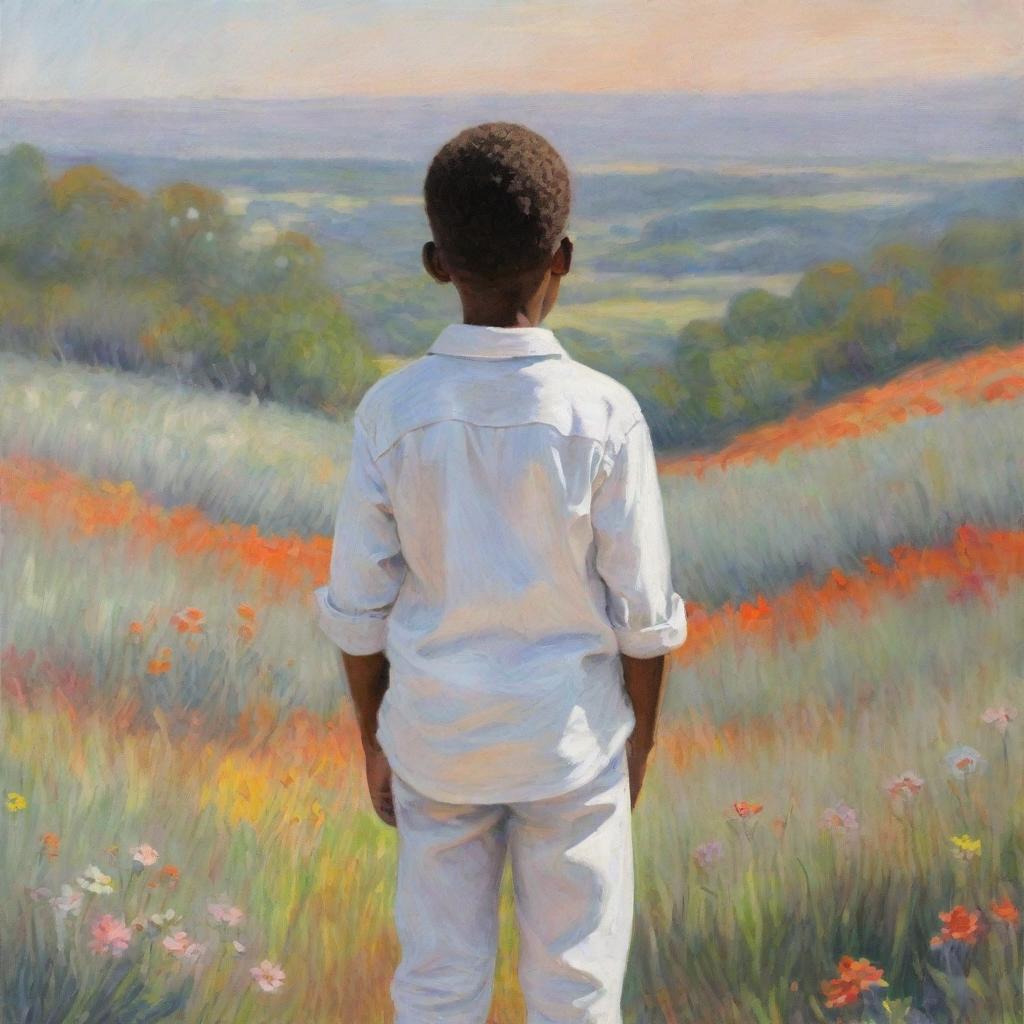 Illustration of an African American boy wearing white clothes, drawn in the style of Claude Monet. We see the boy from his back, standing amidst an impressionistic landscape full of vibrant, dabbed colors, creating a serene and contemplative atmosphere.