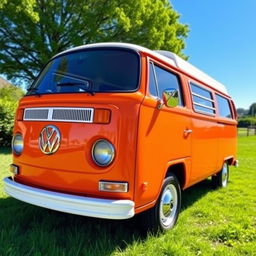 A classic Volkswagen T2 Combi van featuring a vibrant orange body with white in the window areas, parked in a picturesque outdoor setting