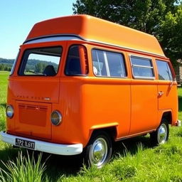 A classic Volkswagen T2 Combi van featuring a vibrant orange body with white in the window areas, parked in a picturesque outdoor setting