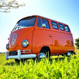 A classic Volkswagen T2 Combi van featuring a vibrant orange body with white in the window areas, parked in a picturesque outdoor setting