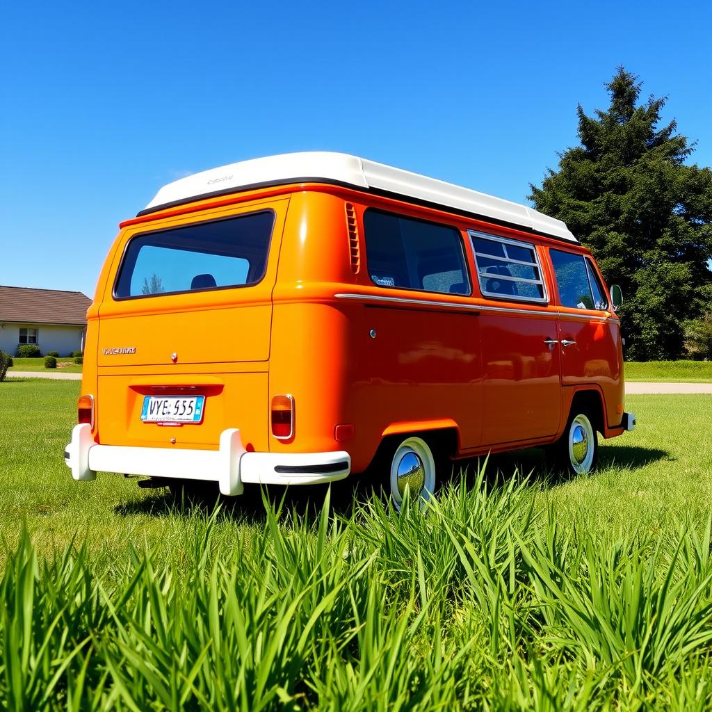 A classic Volkswagen T2 Combi van featuring a vibrant orange body with white in the window areas, parked in a picturesque outdoor setting