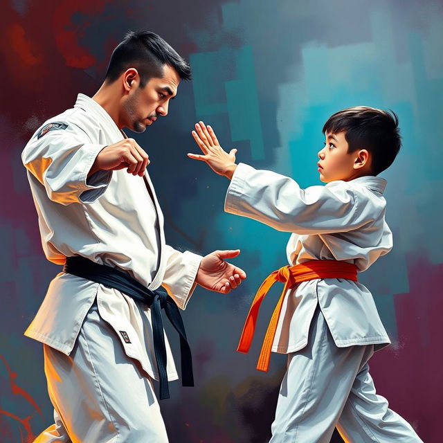 A father and son engaged in a karate duel, standing opposite each other in a dynamic stance, ready to spar