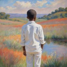 Illustration of an African American boy wearing white clothes, drawn in the style of Claude Monet. We see the boy from his back, standing amidst an impressionistic landscape full of vibrant, dabbed colors, creating a serene and contemplative atmosphere.