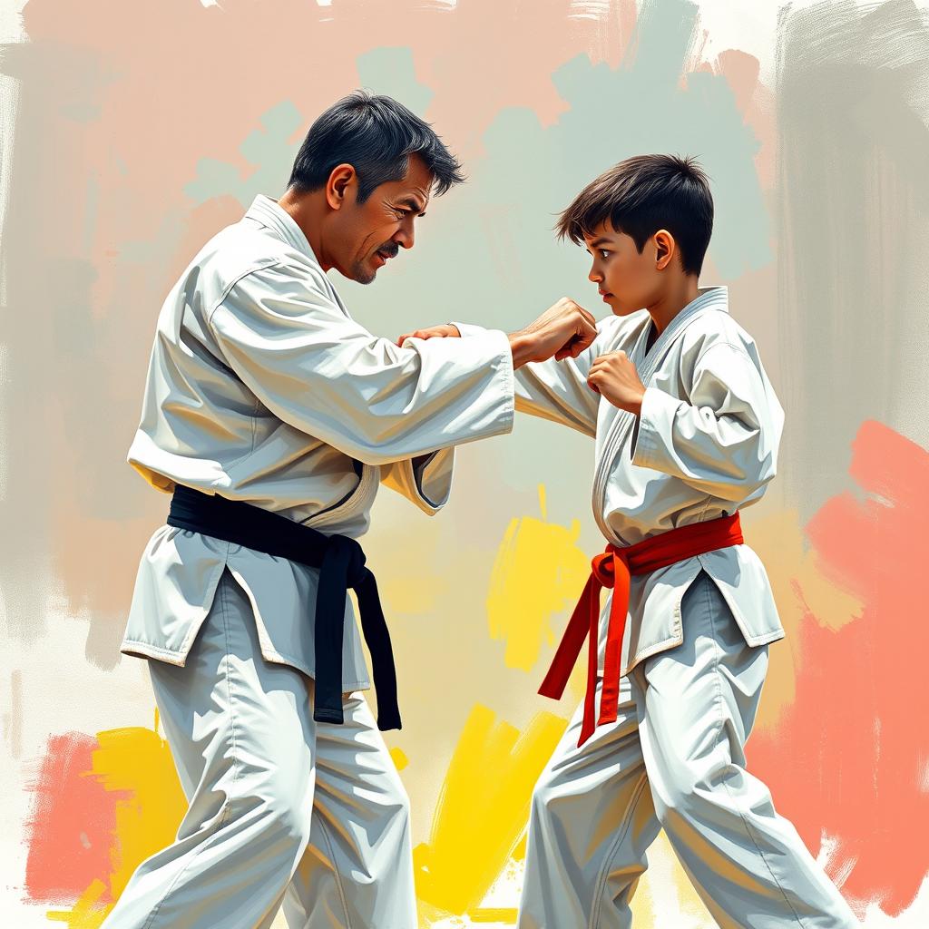 A father and son engaged in a karate duel, standing opposite each other in a dynamic stance, ready to spar