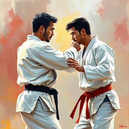 A father and son engaged in a karate duel, standing opposite each other in a dynamic stance, ready to spar