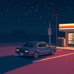 A pixel art scene depicting a Japanese car parked in a dimly lit parking lot at night, adjacent to a small convenience store