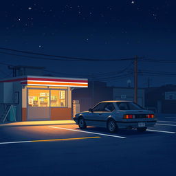 A pixel art scene depicting a Japanese car parked in a dimly lit parking lot at night, adjacent to a small convenience store