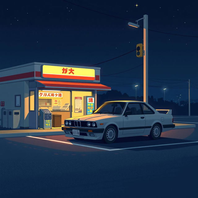 A pixel art scene depicting a Japanese car parked in a dimly lit parking lot at night, adjacent to a small convenience store