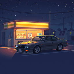 A pixel art scene depicting a Japanese car parked in a dimly lit parking lot at night, adjacent to a small convenience store