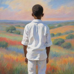 Illustration of an African American boy wearing white clothes, drawn in the style of Claude Monet. We see the boy from his back, standing amidst an impressionistic landscape full of vibrant, dabbed colors, creating a serene and contemplative atmosphere.