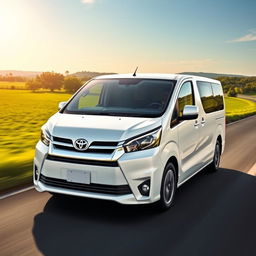 A sleek and modern white Toyota Proace driving along a scenic road with a lush green field adjacent to it