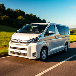 A sleek and modern white Toyota Proace driving along a scenic road with a lush green field adjacent to it