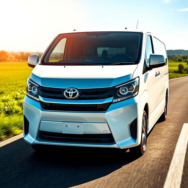 A sleek and modern white Toyota Proace driving along a scenic road with a lush green field adjacent to it