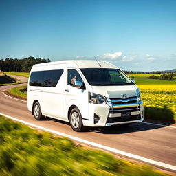 A sleek and modern white Toyota Proace driving along a scenic road with a lush green field adjacent to it