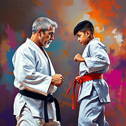 A father and his mestizo son positioned facing each other in a karate duel, captured in a vivid painting style