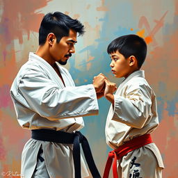 A father and his mestizo son positioned facing each other in a karate duel, captured in a vivid painting style