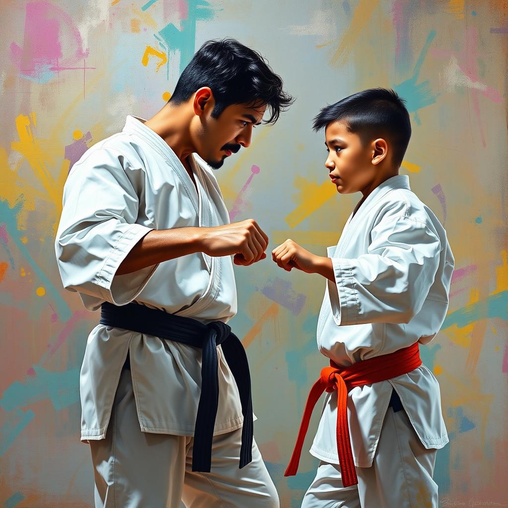 A father and his mestizo son positioned facing each other in a karate duel, captured in a vivid painting style