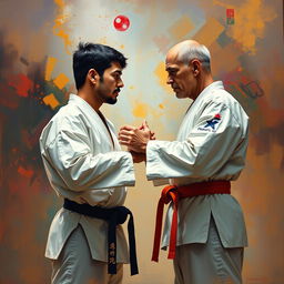 A father and his mestizo son positioned face to face in a karate duel, exemplifying a moment of tension and respect captured in a rich painting style