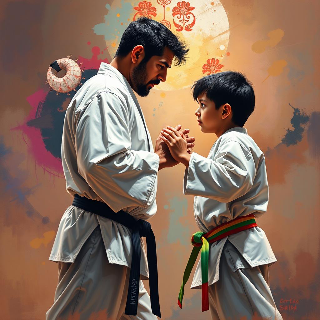 A father and his mestizo son positioned face to face in a karate duel, exemplifying a moment of tension and respect captured in a rich painting style